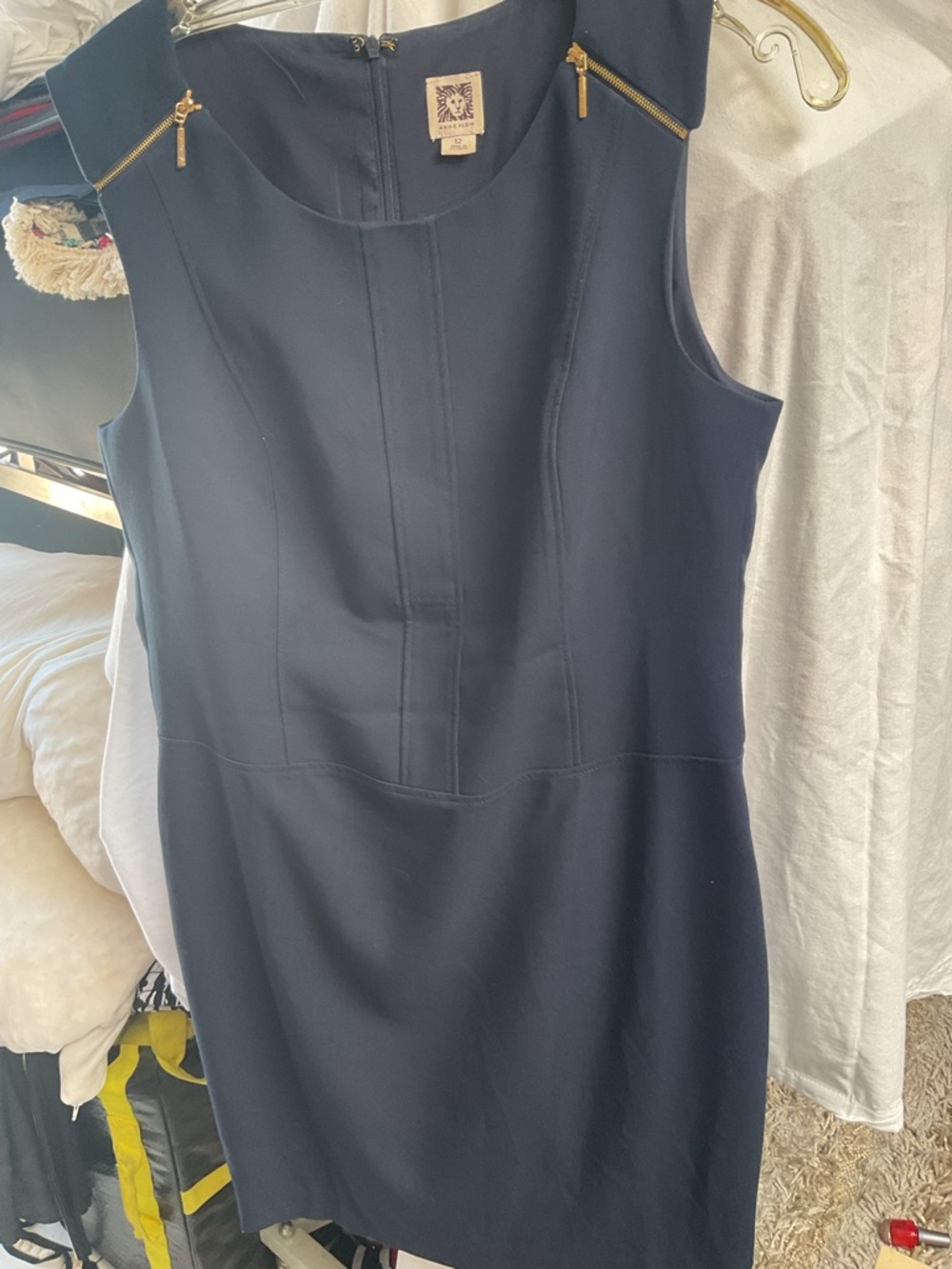 Anne Klein Sleeveless Navy Shift Dress with Gold Zippers -